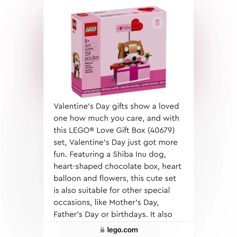 LEGO Limited Edition Love Heart Chocolate Gift Box-Shiba Inu #40679, 158 Pcs,NIB